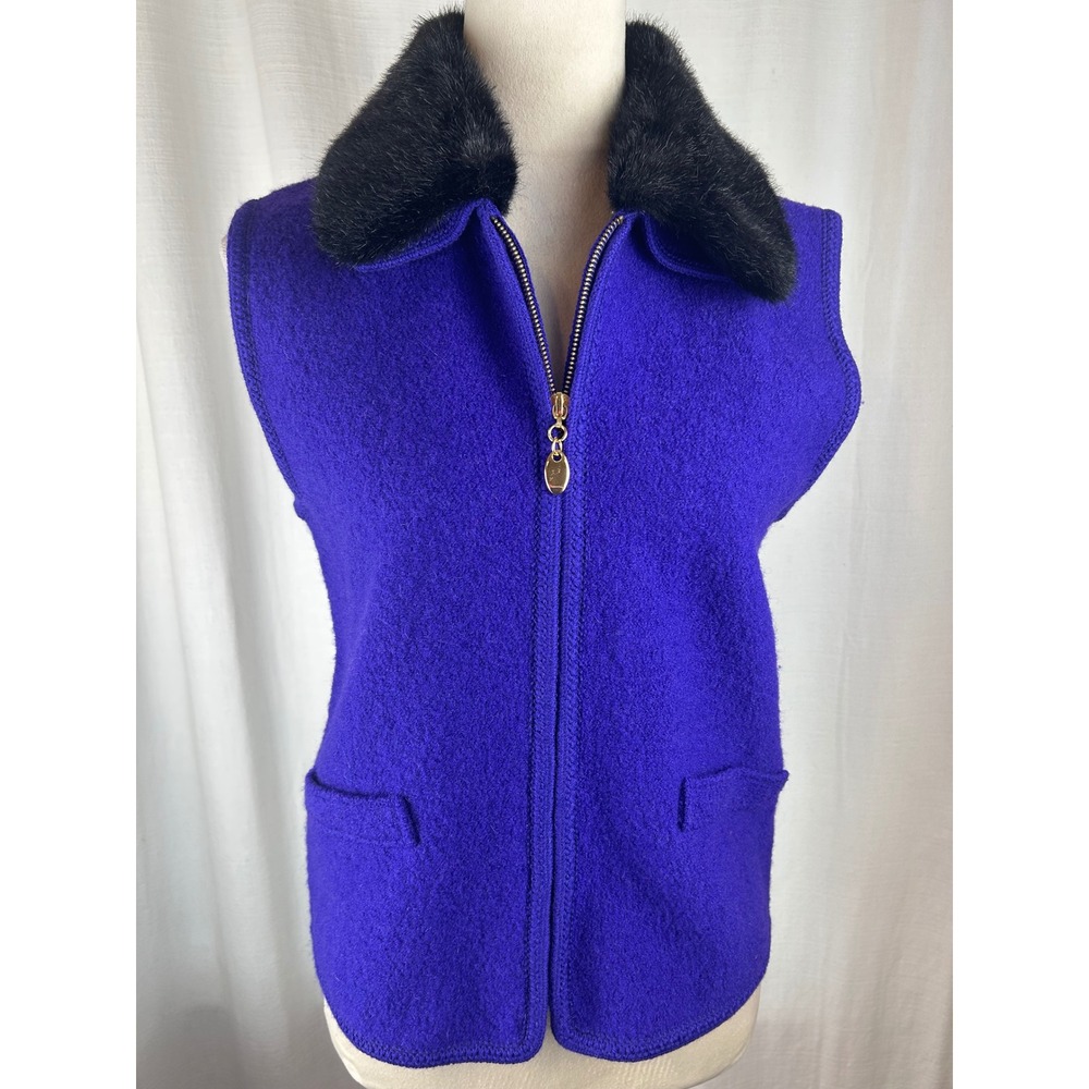 Lisa International Boiled Wool Vest Purple Faux Fur Collar Women Small